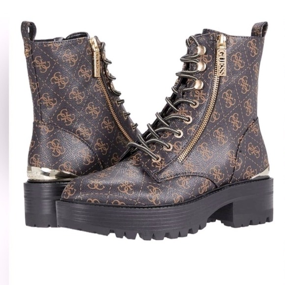 Guess Shoes - GUESS Fearne Combat Boots Womens 6 Brown Logo Lug Sole Zipper GWFEARNE‎